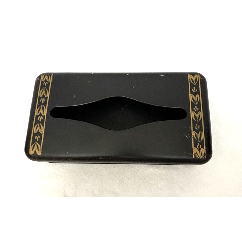 Vtg Ransburg Metal Tissue Box Cover Black Gold Floral Free Standing Wall Mount